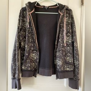 Miss Me Black and Green Floral Terry Cotton Zip Hoodie Size L